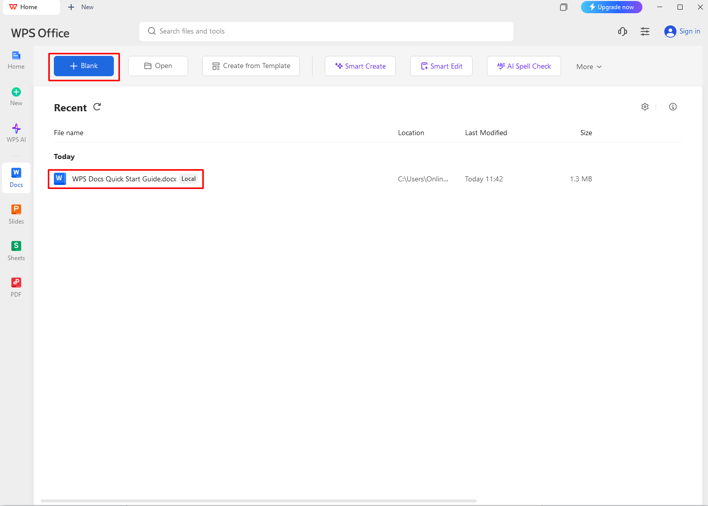 Open WPS Office and Navigate to Docs