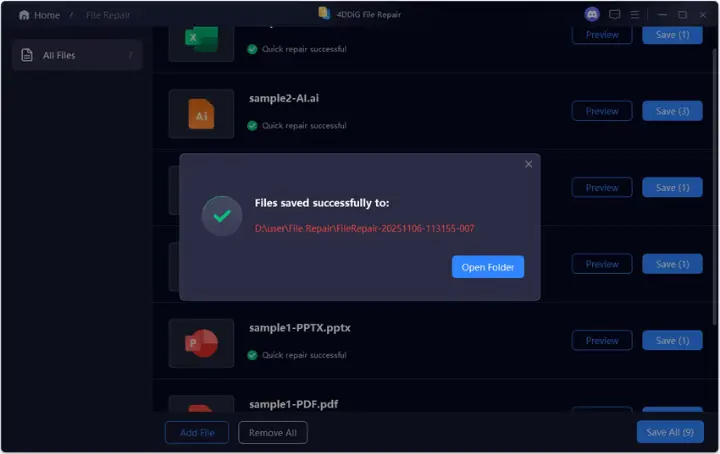 Click “Export” to save the repaired Word file